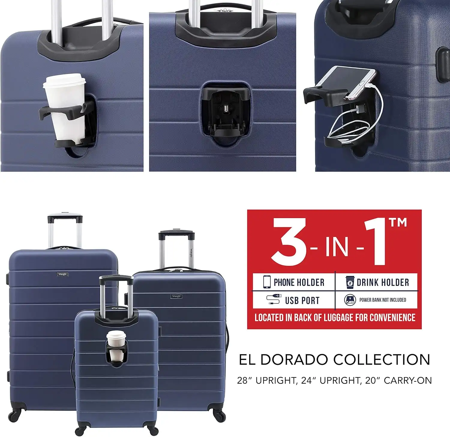 Wrangler Smart Luggage Set with Cup Holder and USB Port, Navy Blue, 20-Inch Carry-On - 91zWQjZtPdL._AC_SL1500_